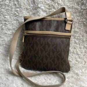 Michael Kors Monogram brown coated canvas tan leather trim small crossbo…